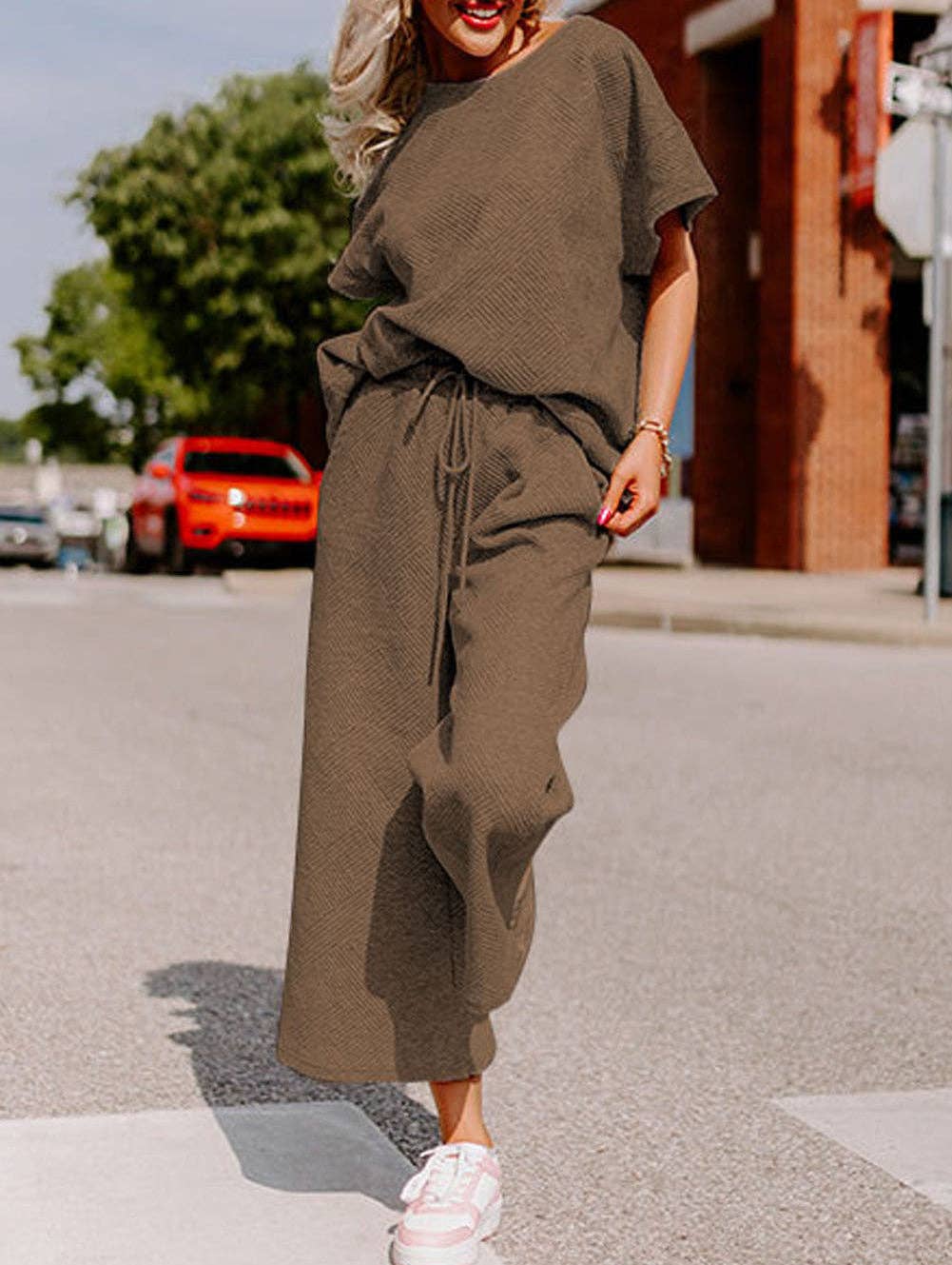 FULL TIME PURCHASE - Wholesale Lounge Set - Women's - Textured Loose Fit T Shirt and Drawstring Pants Set6