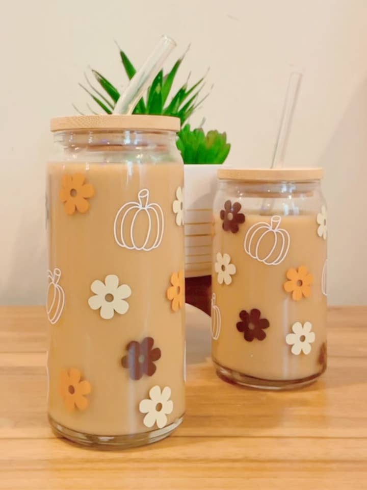 20 oz pumpkin daisy can glass for wholesale by Pink pretty designs