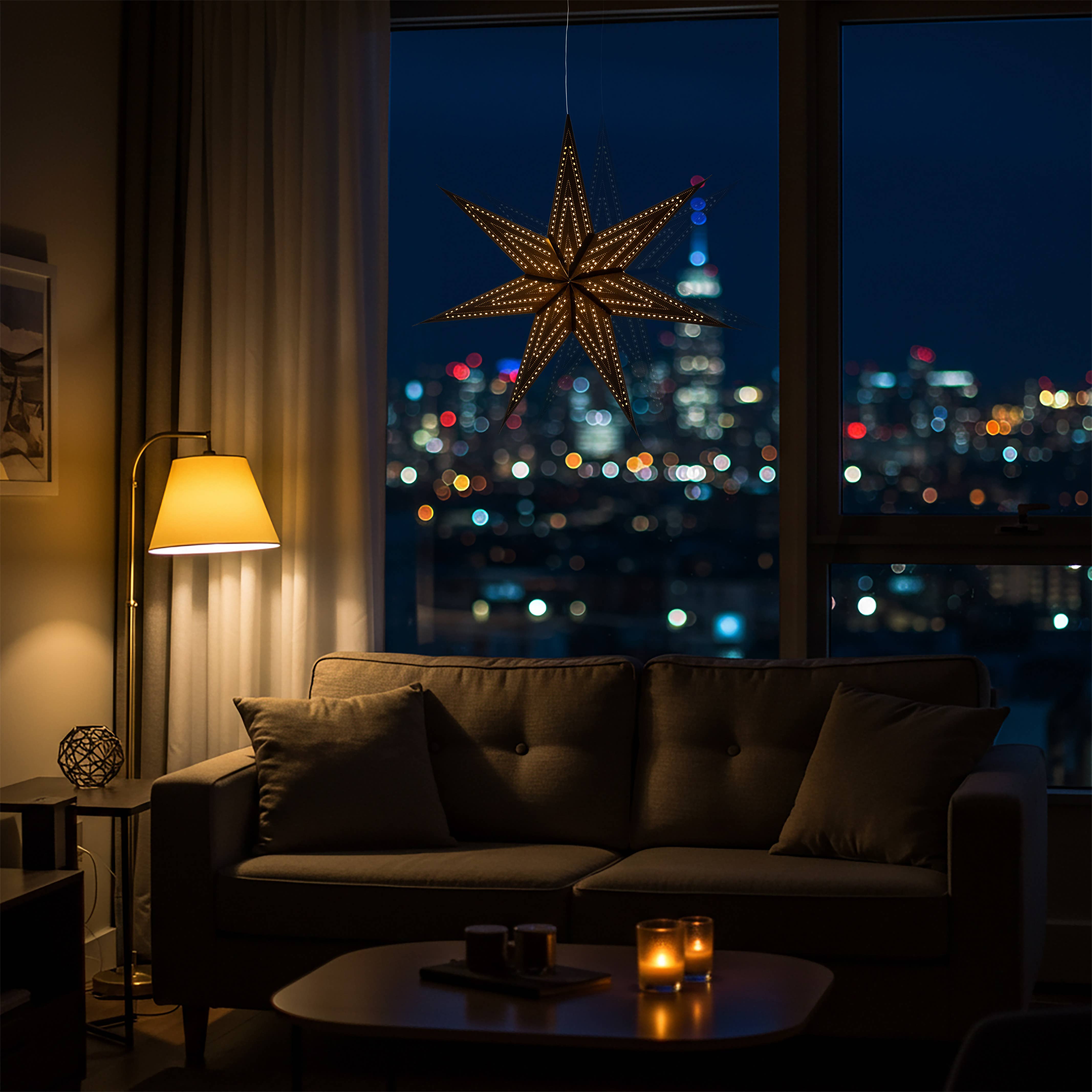 Artschatz LLC - Wholesale Paper Lantern/Lamp - Prima Dottie ~  7 P, 23", Black Paper Star Lantern Light5