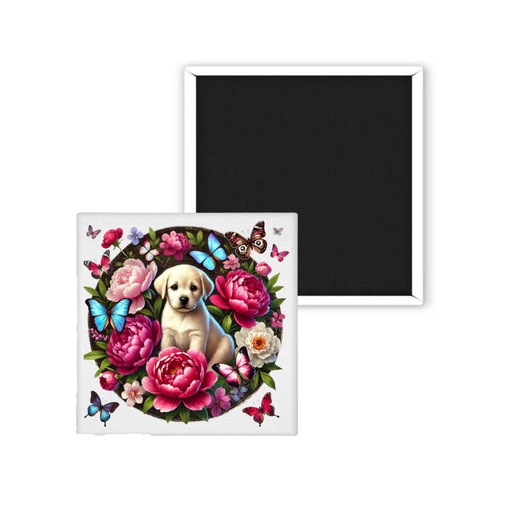 Floral Puppy Magnet – 2x2" Square for wholesale by Uniquely Designed By Rebecca