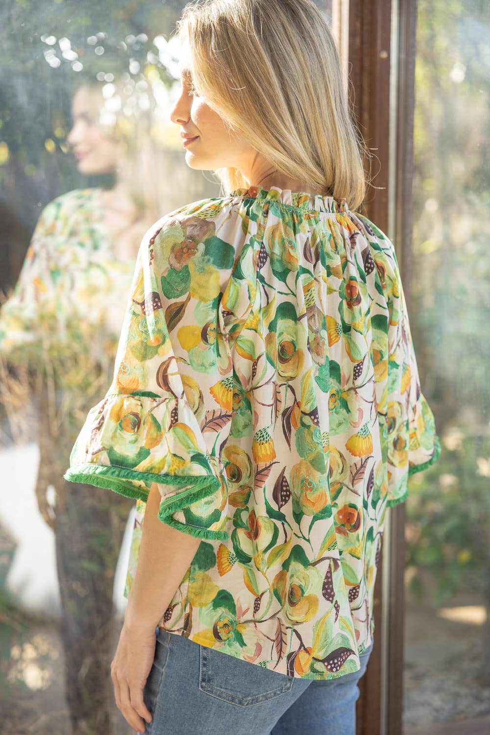 Green 35203 Fringe Detailed Loose Sleeve Floral Print Top for wholesale on Faire6