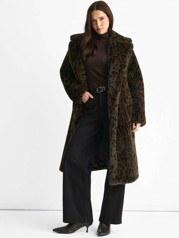 GINI LONDON – wholesale Fur/faux fur coat – Women's – Chocolate Leopard Print Premium Faux Fur Belted Coat1