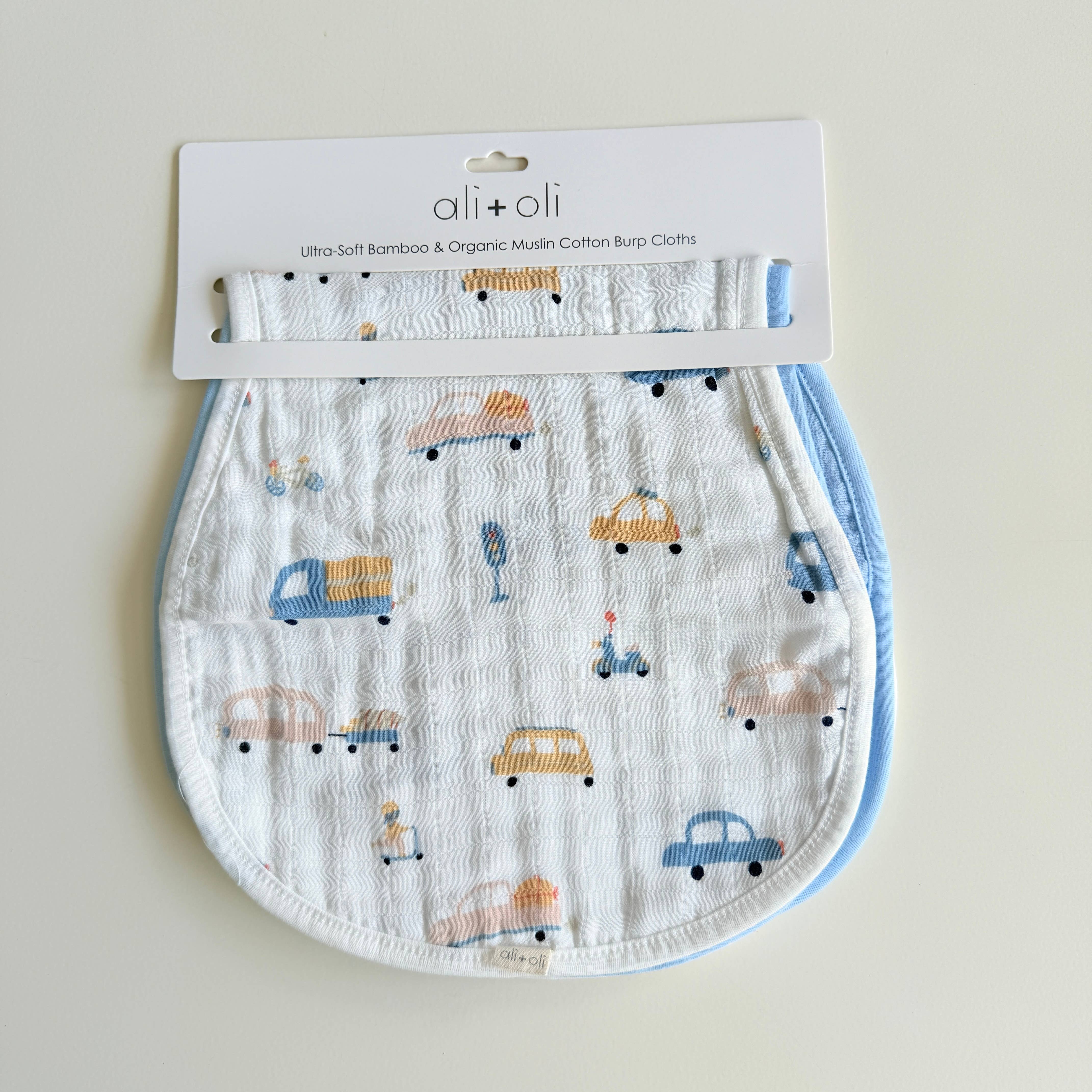Ali+Oli - Wholesale Spuugdoekjesset - Baby - Bamboe Mousseline Spuugdoek Set 2-Pack (Auto's/Blauw)2