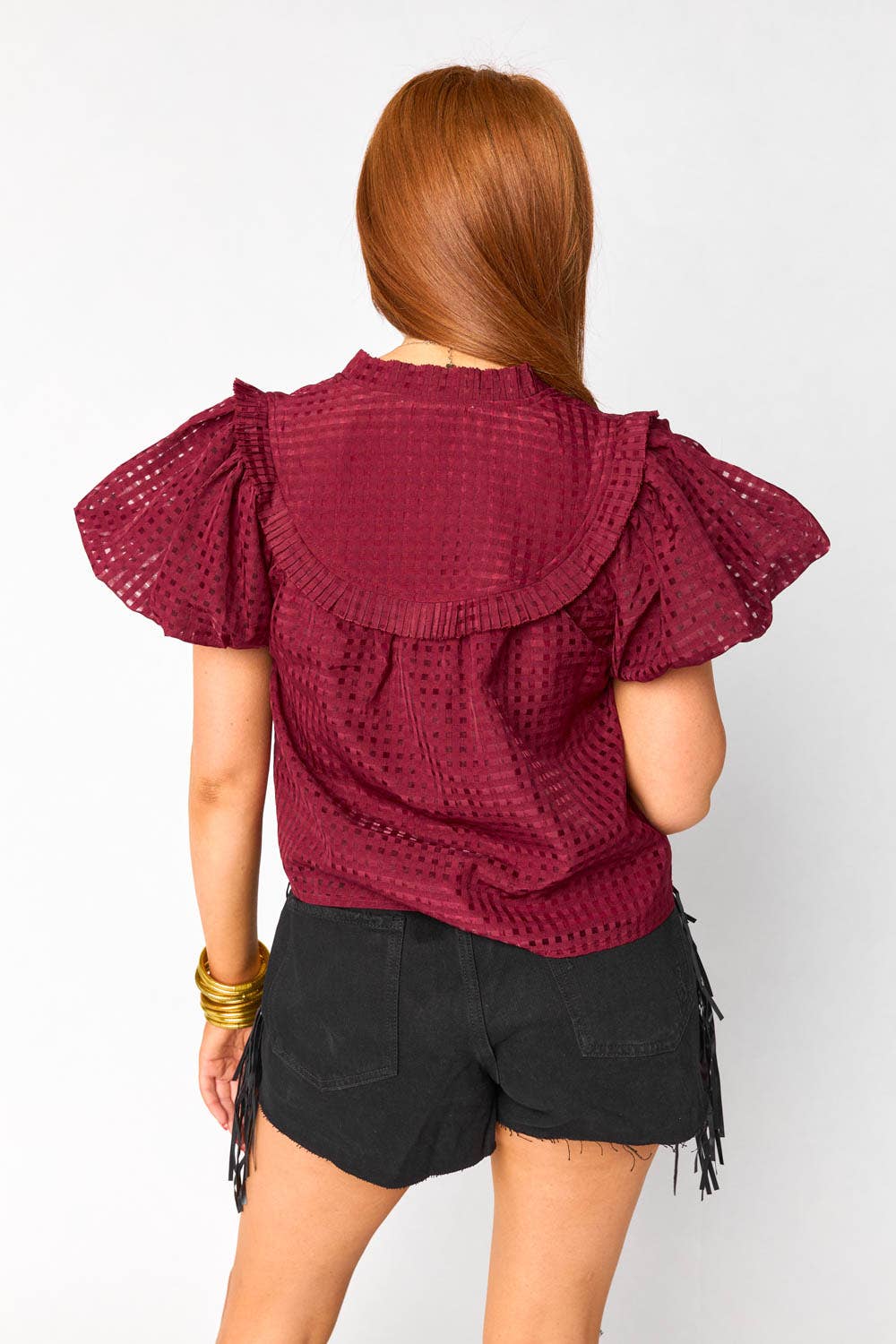 BuddyLove - Wholesale Blouse - Women's - Leeland Maroon Ruffle Short Sleeve Top2