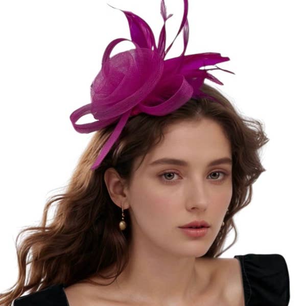 Hot Pink Feather Fascinator Headband for wholesale by KBW Global Corp.