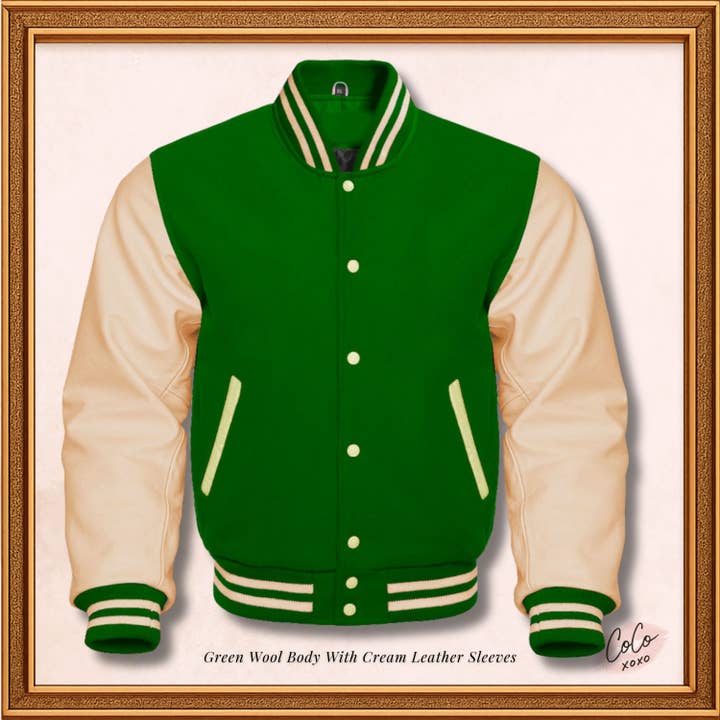 Chaqueta universitaria de lana verde bosque y mangas de cuero crema para venta al por mayor de OH Wears