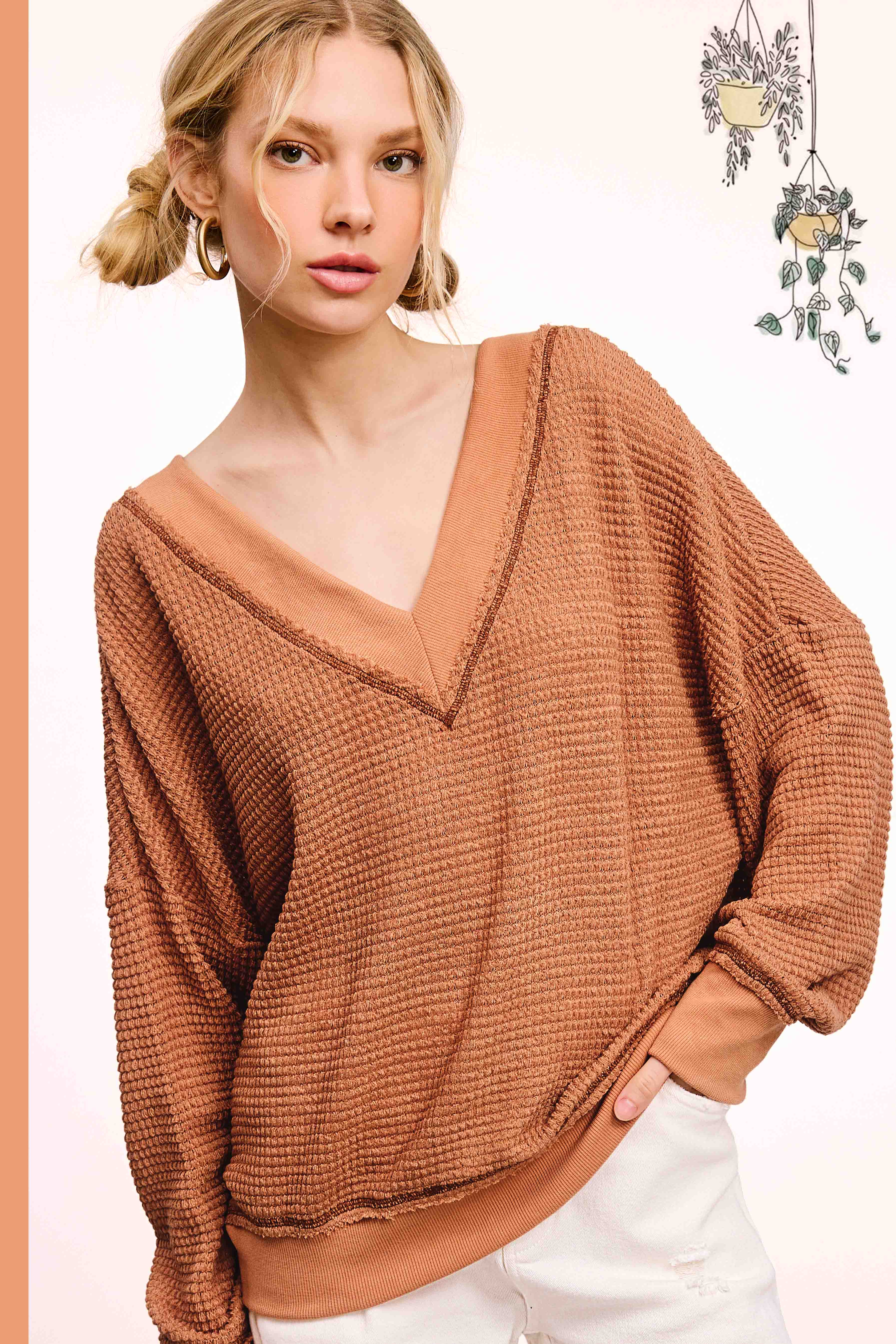 La Miel – Großhandel Strickoberteil – Damen – JLT7410-Langarmshirt mit Waffelstruktur und V-Ausschnitt in lockerer Passform36