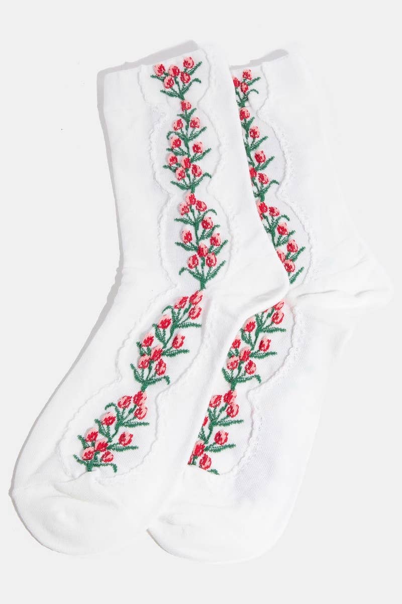 White Floral Tulip Vine Embroidered Socks for wholesale on Faire0