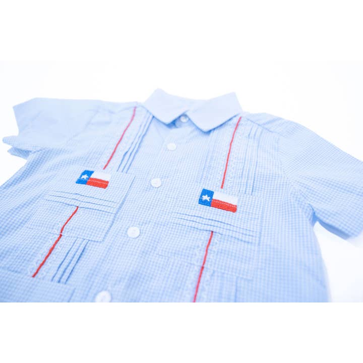 Boots & Bows Smocking Co - Wholesale Button Down Shirt - Kids - Boys Texas Flag Guayabera Shirt