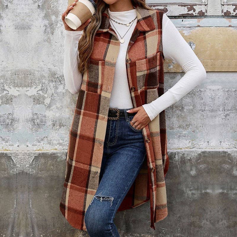 UZ Wholesale Store - Wholesale Outerwear Vest - Women's - Plaid Vest With Lapel Collar And Long Length5
