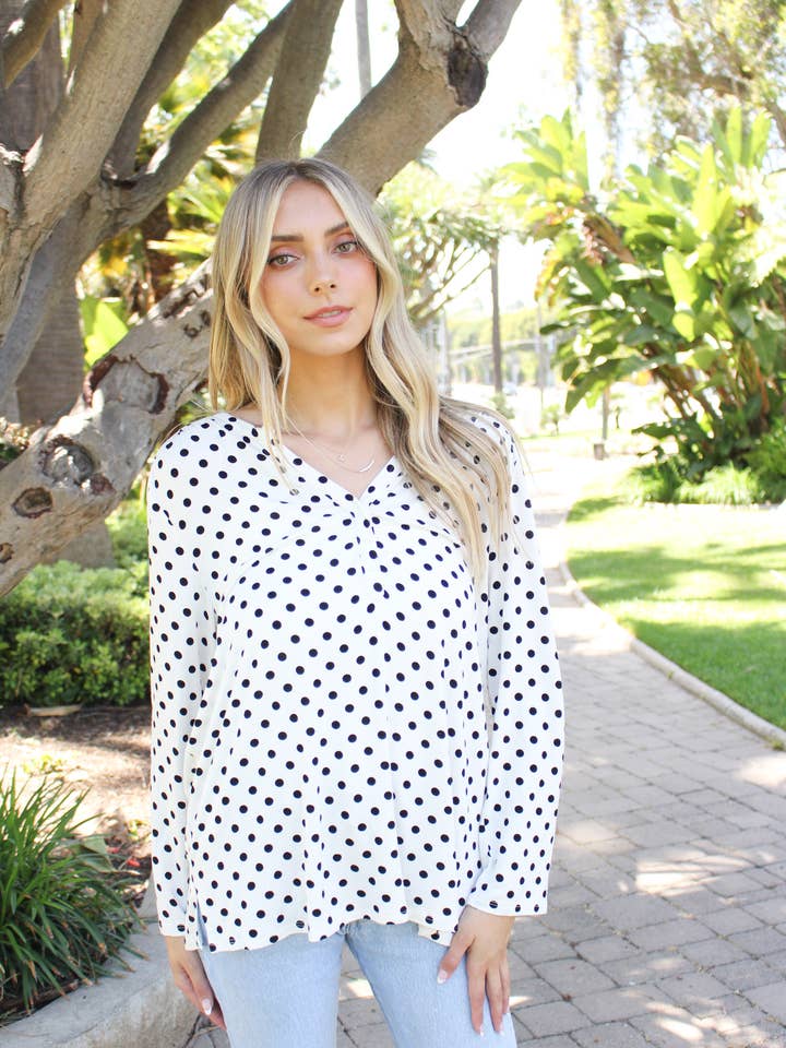 Women's Long Sleeve V Neck Button Detail Polka Dot Top for wholesale by Good Stuff Apparel