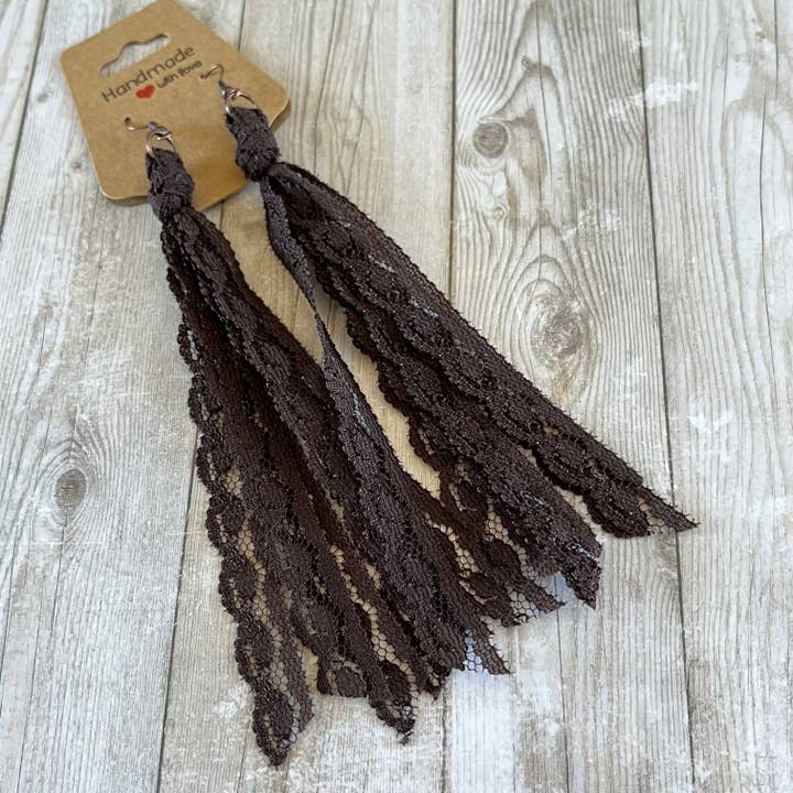 Chocolate Brown Vintage Lace Tassel Earrings for wholesale by Open Window Studios