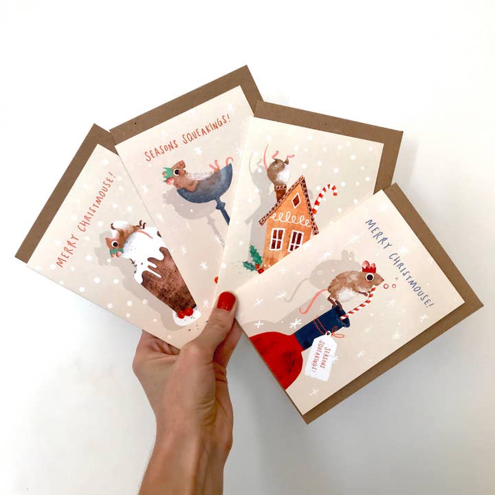 Emily Nash Illustration Greeting Cards - Wholesale Christmas Card - Christmas Mice Greeting Card Multipack x 8 | Cute Mouse Card2