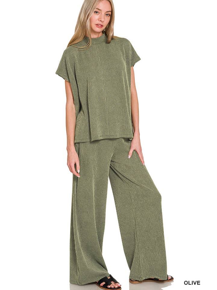 42POPS - Wholesale Lounge Set - Women's - `.0729 Raised Rib Short Sleeve Tee & Pants 2PC Set SI-284221