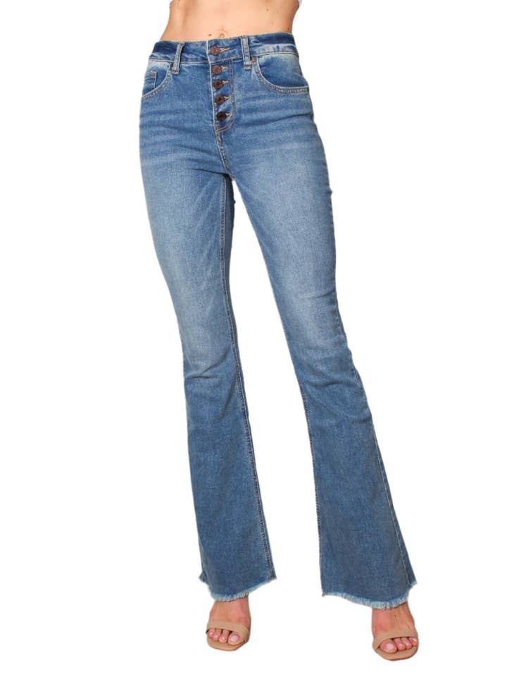 Good Stuff Apparel - Wholesale Jeans - Women's - Women's High Waist Five Buttons Raw Hem Flare Jeans 2