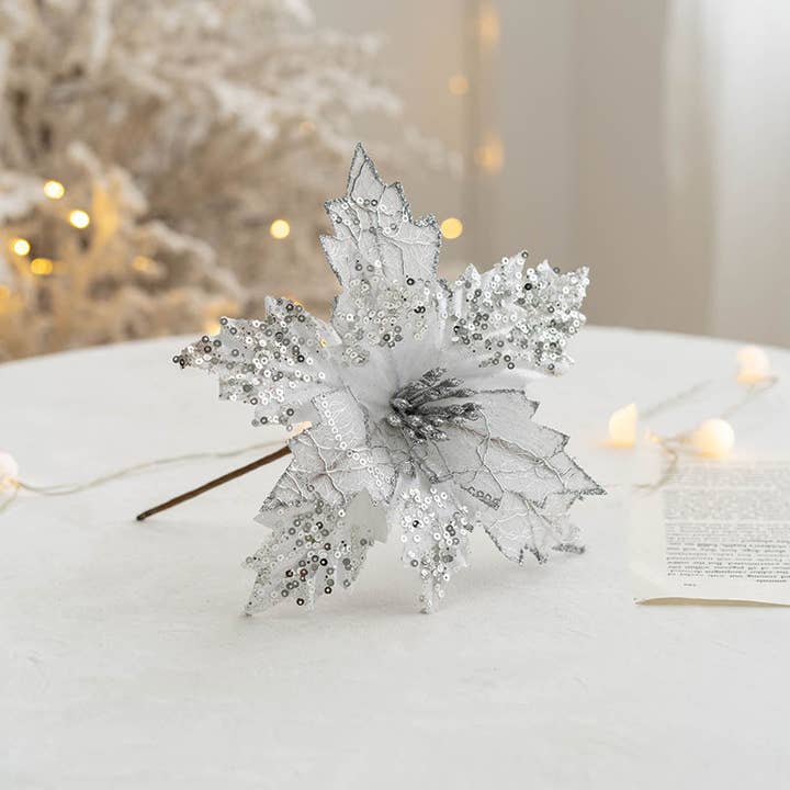 Sweet Home Deco - Wholesale Christmas Decoration - 8''W Fabric Poinsettia Flower, Sparkled Christmas Poinsettia