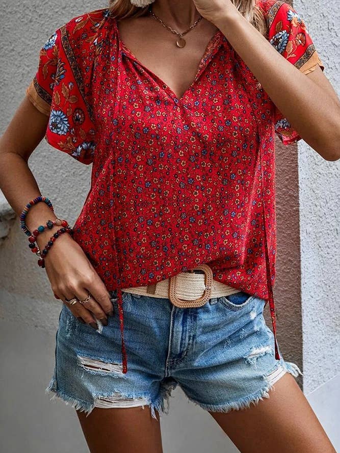 UNISHE - Wholesale Blouse - Women's - Ethnic Boho Print Split V Neck Flare Sleeves Blouse AXR025