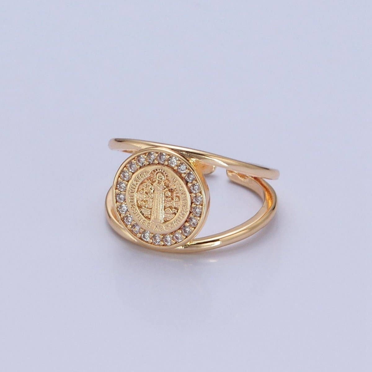 Aim Eternal - Wholesale Cocktail/Statement Ring - Saint Benedict Ring Gold Statement Religious Jewelry Open Adjustable Ring O-746