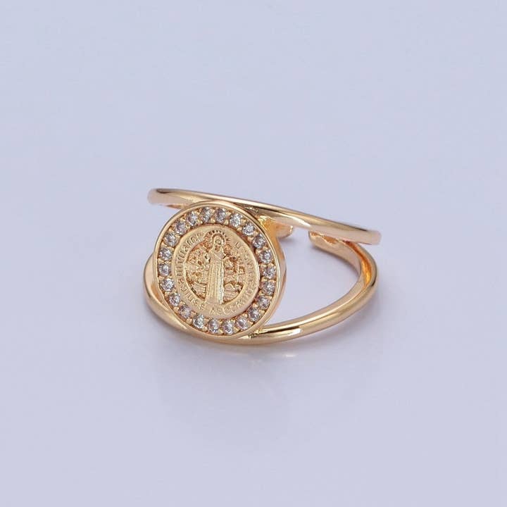Aim Eternal - Vente Bague de cocktail/de cérémonie - Bague Saint Benoît en or, bijoux religieux, bague ajustable ouverte O-746