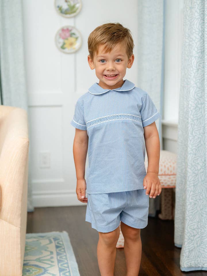 Blue Gingham Smocked Samuel Shirt/Shorts Set for wholesale by Ruth and Ralph