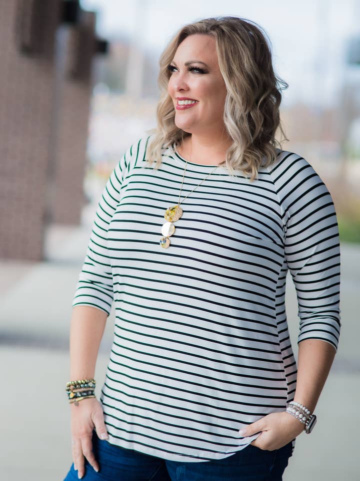 White/Navy Striped Raglan for wholesale by Vivette Apparel