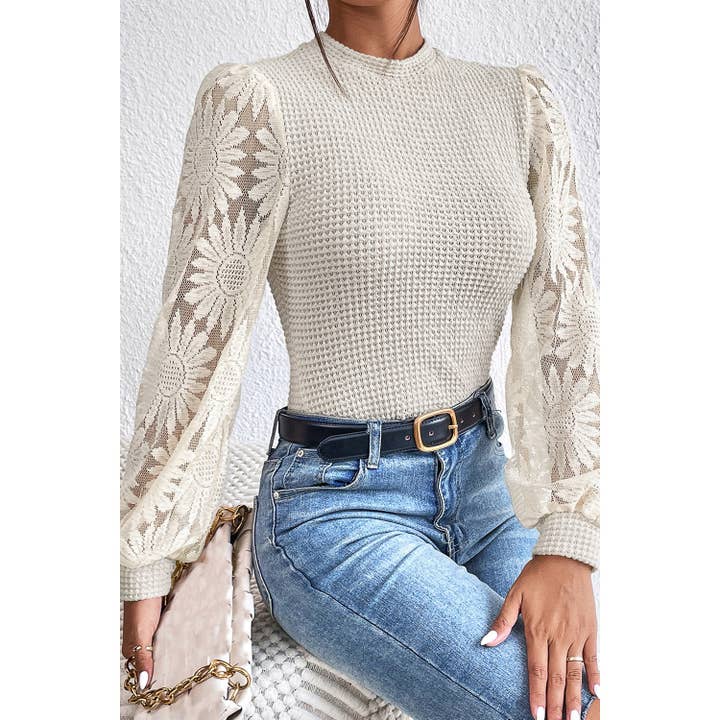 HAUT À MANCHES EN MAILLE DE TOURNESOL EN TRICOT GAUFRÉ UNI pour la vente par 1clique co.