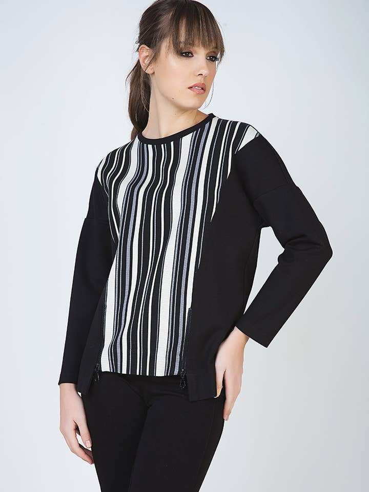 Striped Long Sleeve Zip Detail Top for wholesale by conquista