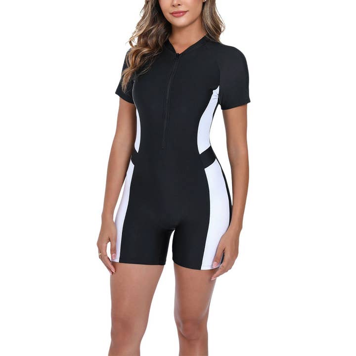 Black Colorblock Short Sleeve One-Piece Surfing Swimsuit ZK3065 for wholesale on Faire3