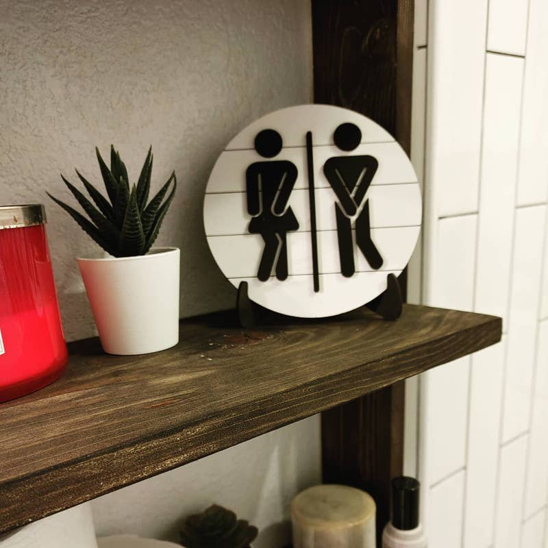bluefortytwodesigns - Wholesale Bathroom Sign - Stick Figures - 6" Round Shiplap Bathroom Sign