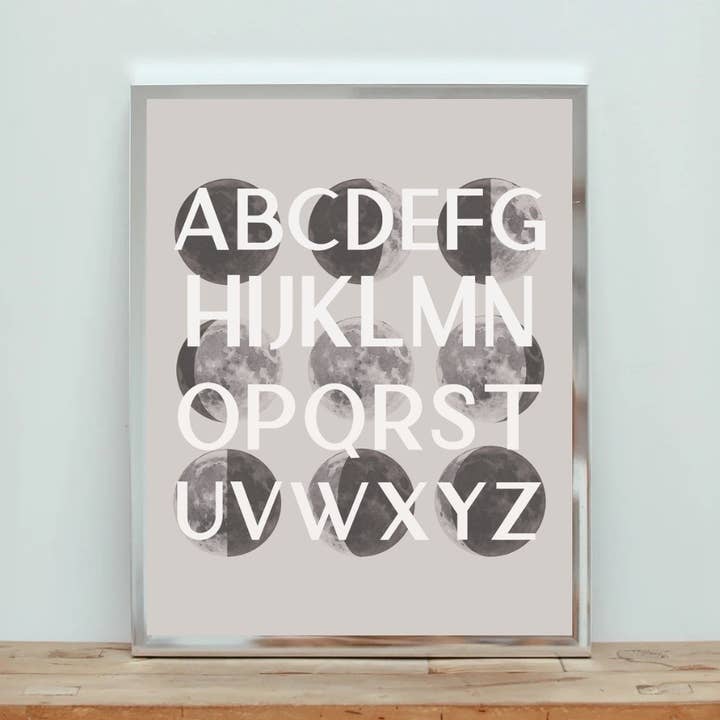 Moon Phase Alphabet Art Print for wholesale by Under This Moon Designs