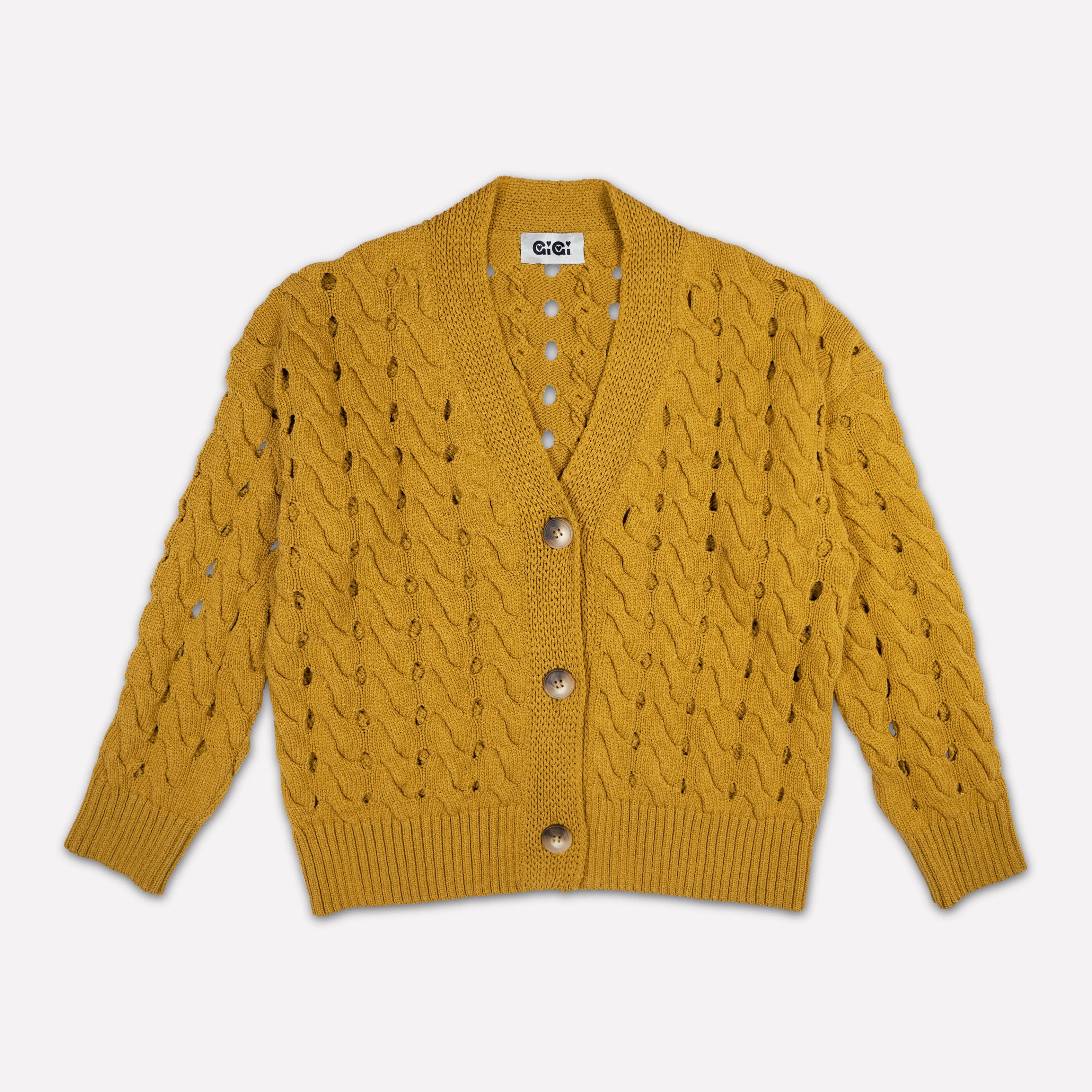 GiGi Knitwear - Wholesale Cardigan - Women's - Open Cable Cotton Cardigan in Mustard1