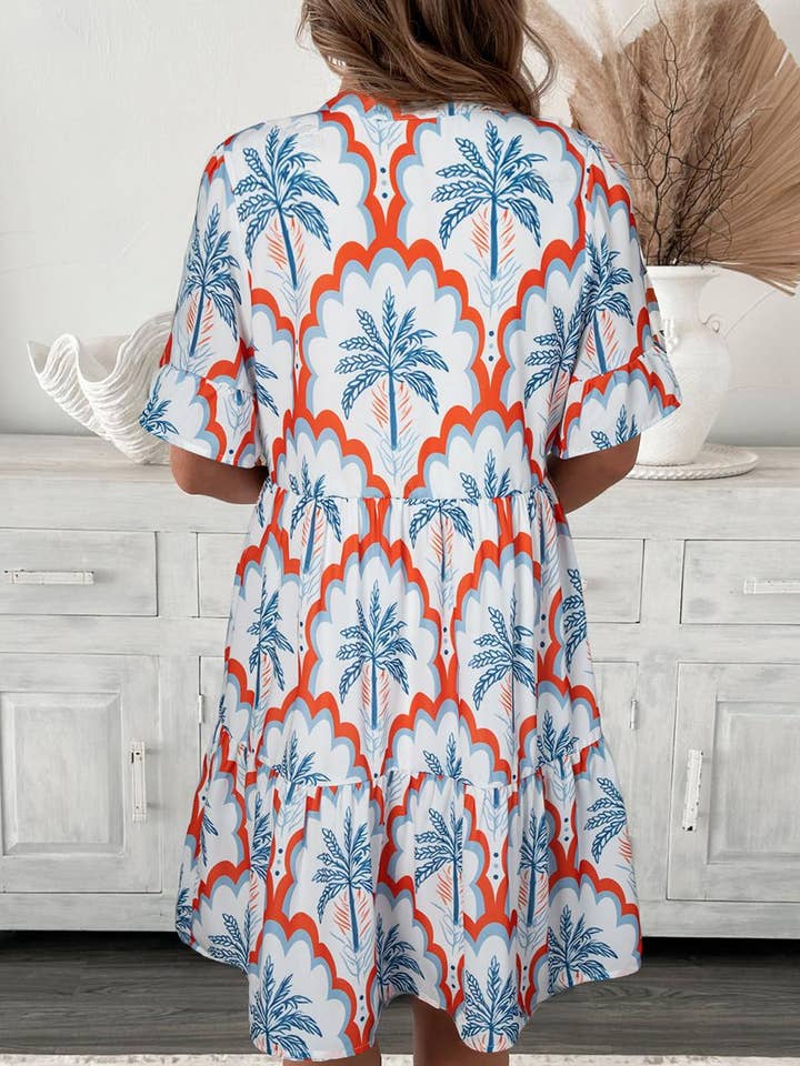 Orange Contrast Palm Tree Printed Short Sleeve Flowy Dress for wholesale on Faire