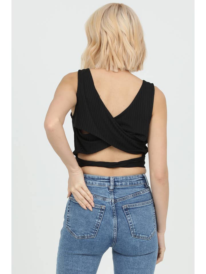 ANGIE - Wholesale Knit Top - Women's - X2DU9-ASIS RIB KNIT STRAPPY BACK TIE WAIST TOP9