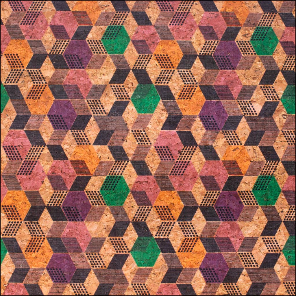 Meninas Bonitas Cork - Wholesale Fabric - Geometric Cubes Print on Natural Cork Material COF-4723
