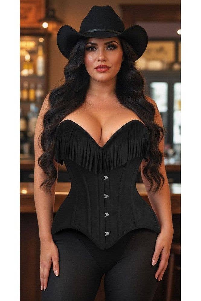 Daisy Corsets - Wholesale Corset - Women's - Top Drawer Black Suede Steel Boned Overbust Corset w/Fringe6