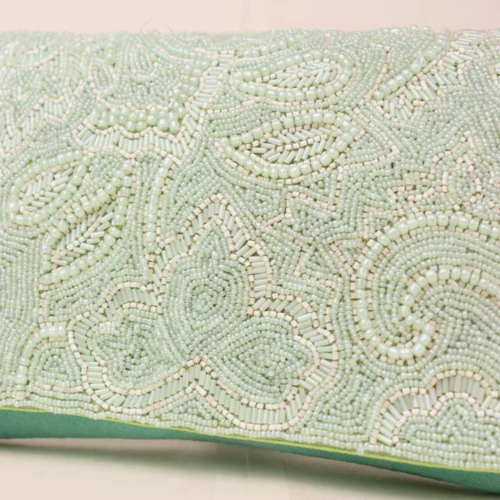 Handmade Mint Green Beads & Cotton Clutch with Chain Strap for wholesale on Faire1