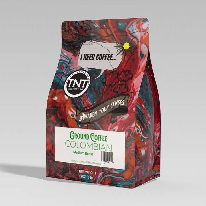 340g - Gemalen Koffie - TNT Ontwaak je Zintuigen! Colombiaanse Koffie Medium Branding voor wholesale door TNT Coffee Lab, LLC