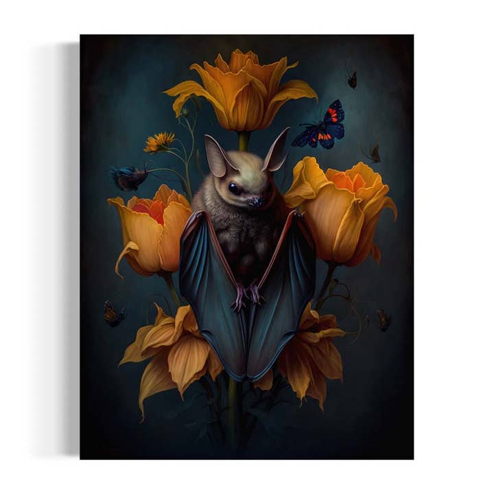 Salty Alyce - Vente Affiche d'art - Peinture murale vintage avec forme de chauve-souris et nature morte AS149