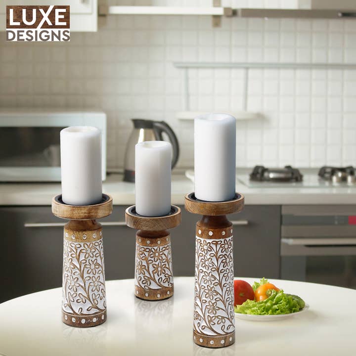 LuxeDesigns Co LLC - Wholesale Candle Holder - Artisan Hand Carved Crafted Thick Wood Candle Holders 3 Pcs5