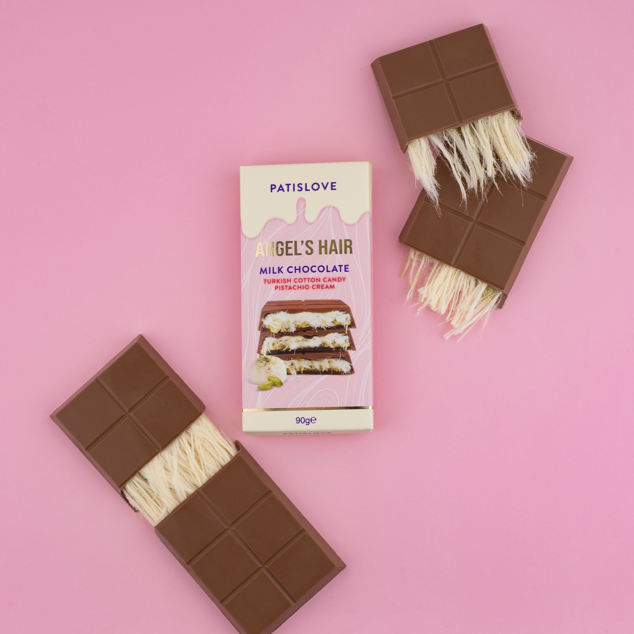 Patislove – Doces cobertos de chocolate por atacado – Chocolate de Leite com Pistácio e Algodão Doce Angel’s Hair, 90G5