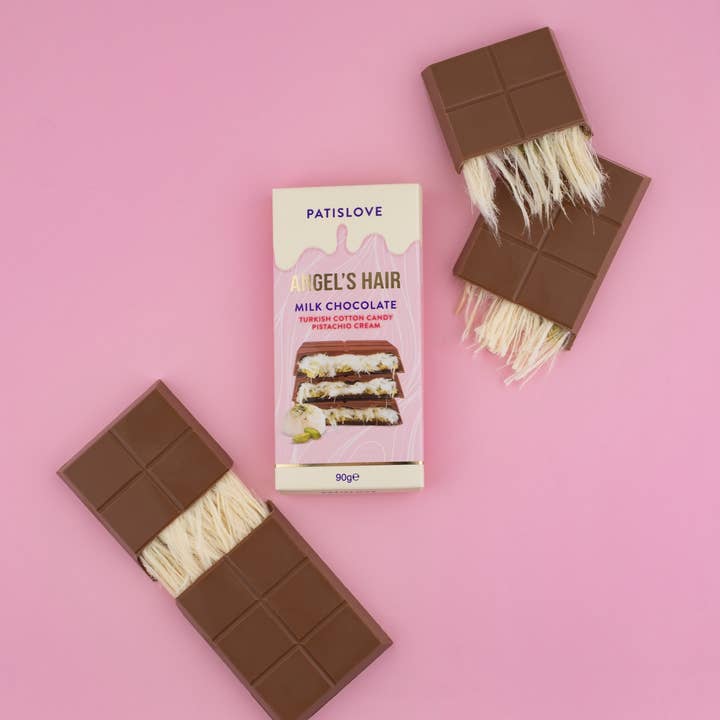 Patislove – wholesale Chokladtäckta godisar – Änglahår Mjölkchoklad Pistage & Sockervadd, 90G5