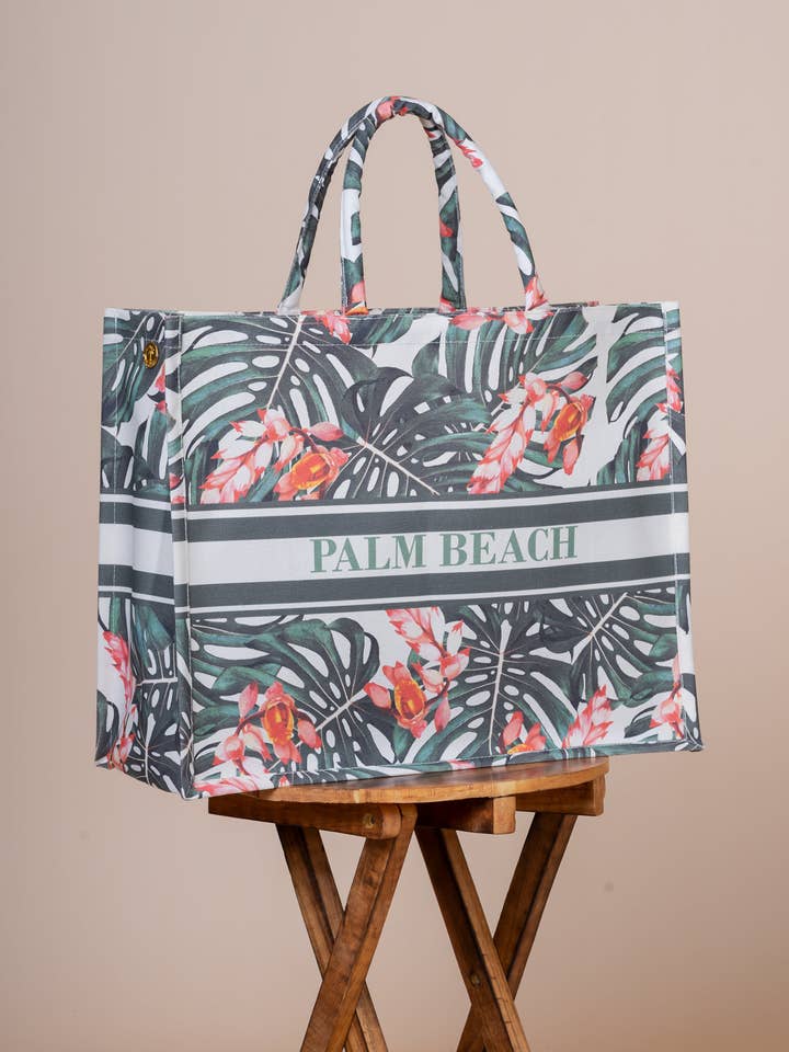 Bolso Palm Beach de lona de algodón laminado con texto grande para venta al por mayor de Kandy coast