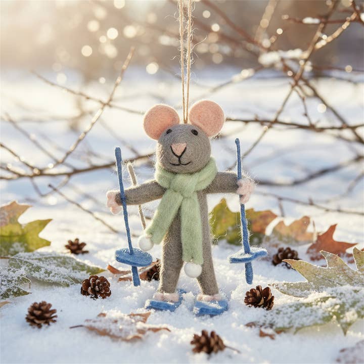 Handmade Felt Sylvia the Skiing Mouse Christmas Decoration for wholesale by Felt So Good