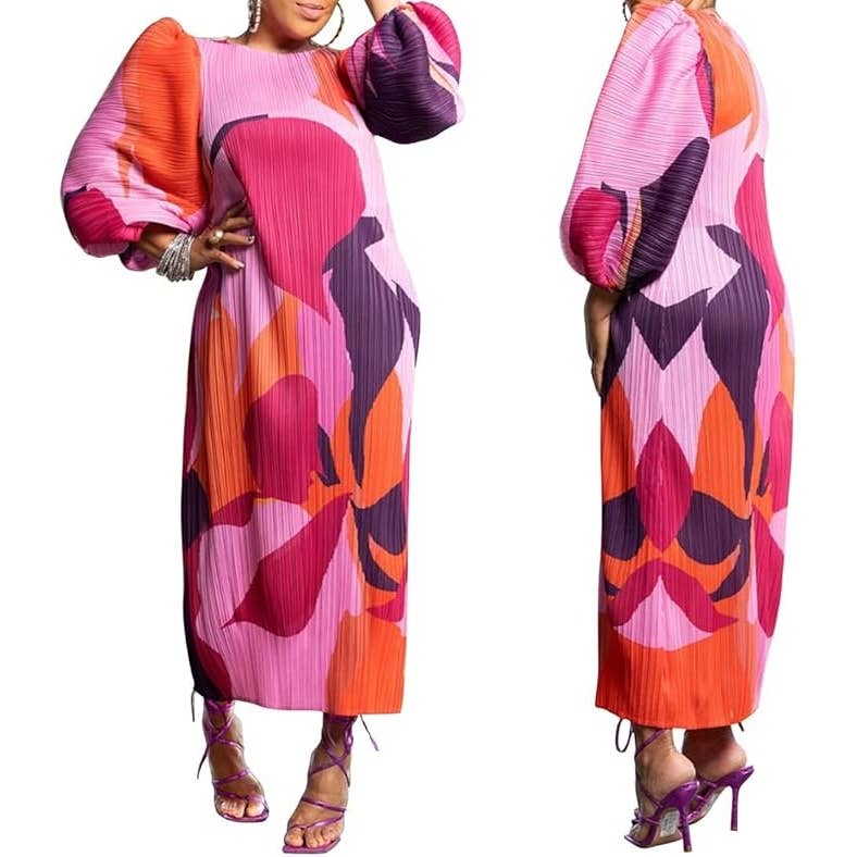 DORCAS – Großhandel Kleid – Damen – Buntes Maxikleid mit Puffärmeln und Faltenrock8