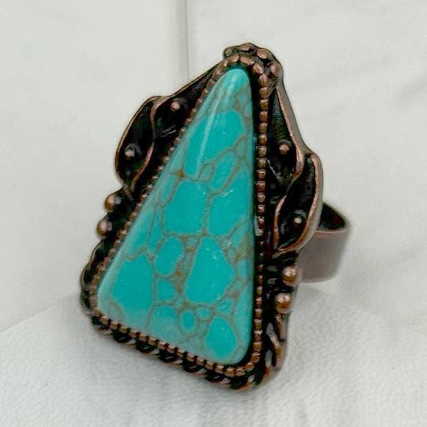 RZ231205-56 Copper metal with blue turquoise triangle stone adjustable Ring for wholesale by Western Elite Jewelry