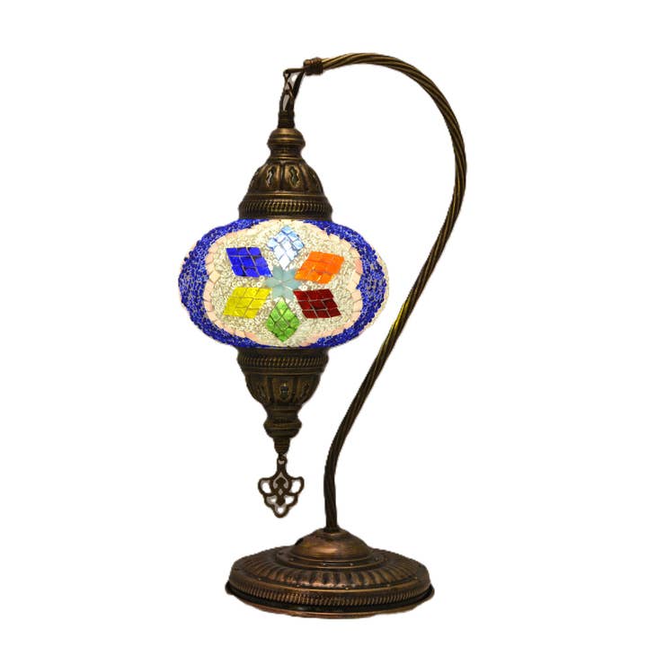 Import Corner - Wholesale Accent/Desk Lamp - 85537: 7" PRESSED MOSAIC SHADE ROUND BASE "GOOSENECK" TABLE