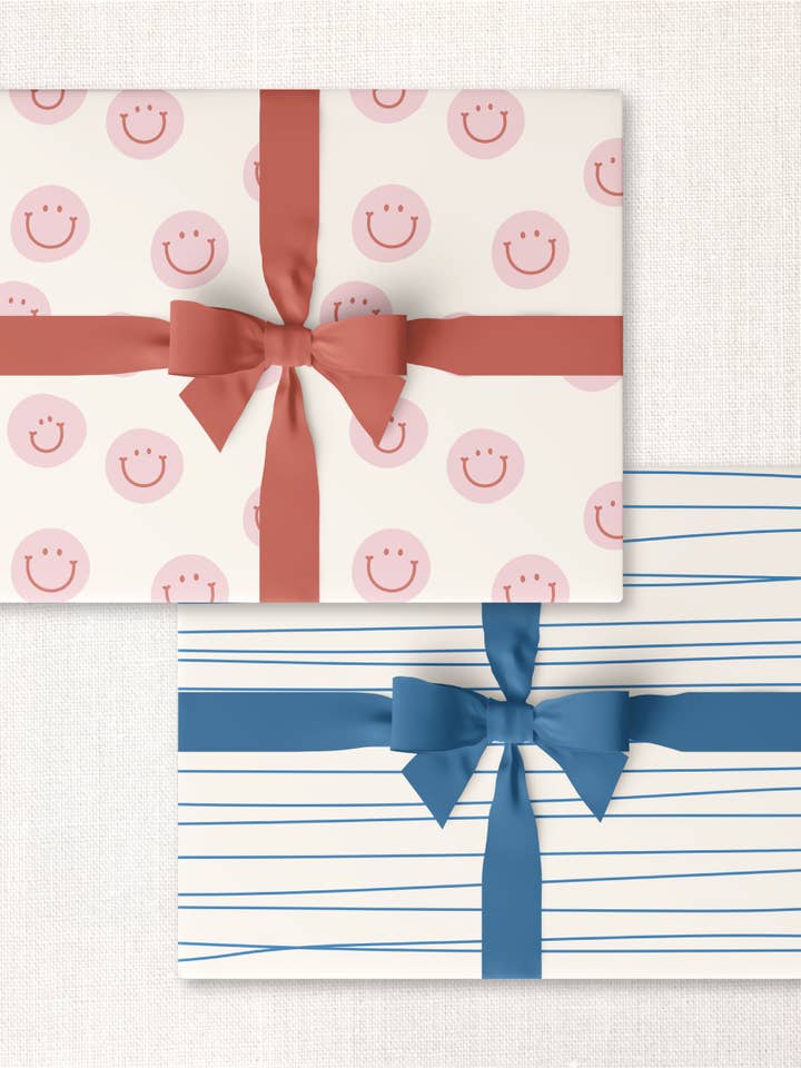 roll of 3: happy faces + ocean wavy lines double-sided wrap for wholesale by Urbanic Goods