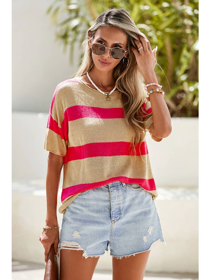 Pink LDC Stripe Colorblock Short Sleeve Crew Neck Sweater for wholesale on Faire