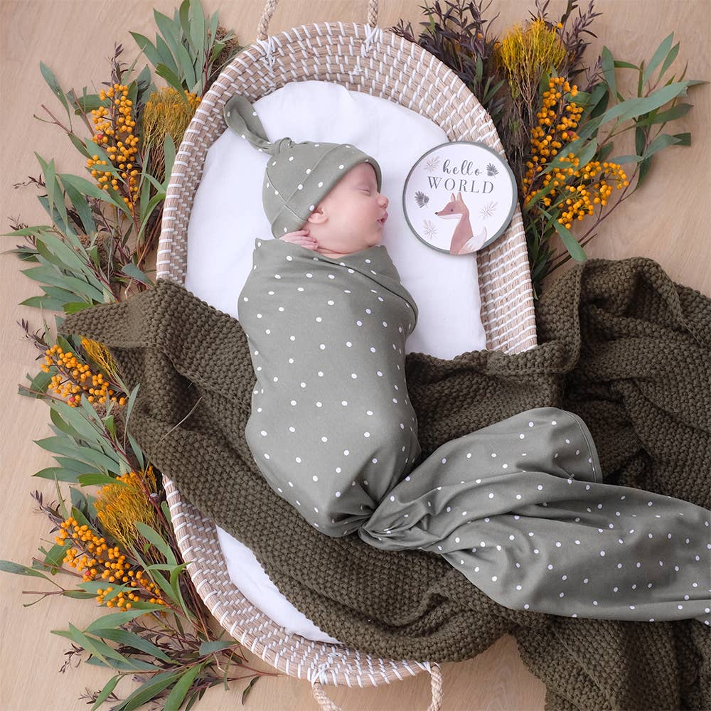 Living Textiles - Wholesale Swaddle set – Baby - Newborn Gift Set - Olive Spots4