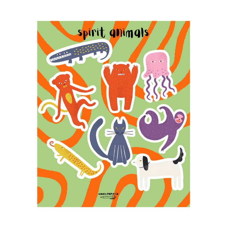 Weird Spirit Animals Sticker Sheet With 8 Animal Stickers for wholesale by Wonky Paper Co